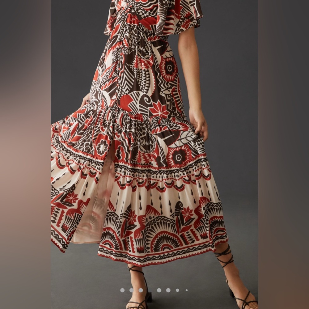 By Anthropologie XL Tiered Maxi Dress Red Pattern Short Sleeve V-Neck‎ Buttons - Picture 13 of 15